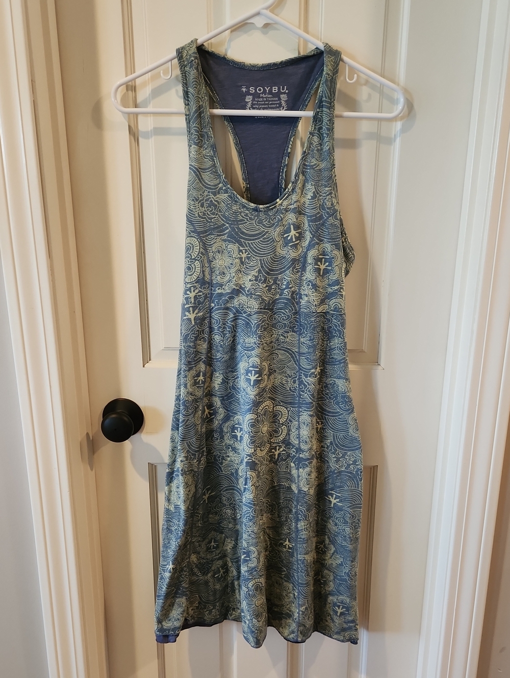Soybu Blue and Cream Printed Racerback Midi Dress